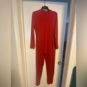 Amazon red one piece jumpsuit with zipper back.